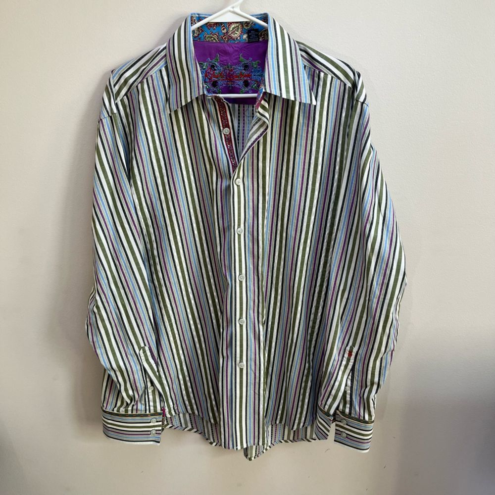 Robert Graham Men's XL Multicolor Stripe Button-Up Shirt - Purple Accent